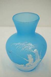 lot 289 image: Vintage Westmoreland Blue Satin Vase Hand-Painted Boy Fishing With Dog