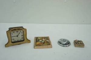 lot 309 image: AntiqueVintage Photo Case Jeweled Ashtray Murano Compact, Clock