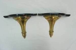 lot 310 image: VintageAntique Brass & Wood Wall Shelves wPlate Rails