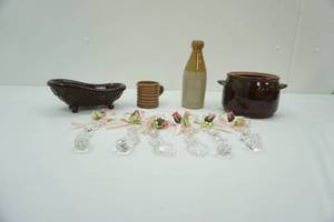 lot 327 image: VintageAntique Stoneware Ginger Bottle Hall China Creamer Brown Ringwear Pottery Syrup Pitcher