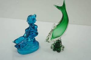 lot 351 image: Blue Glass Girl with Geese Green & Clear Glass Dolphin