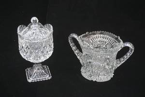 lot 353 image: Vintage Crystal Pedestal Candy Dish & Crystal EAPG Cambridge Wheat Sheaf Cracker Jar