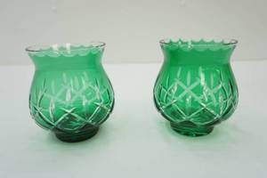 lot 362 image: Pair of Vintage Green Cut Crystal Votives