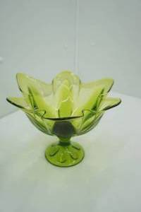 lot 365 image: Vintage Viking Glass Epic 6-Petal Handkerchief Compote-Avocado Green