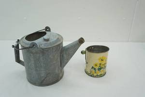 lot 370 image: Vintage Galvanized Watering Can & Hand-Painted Sunflower Sifter