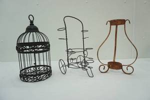 lot 388 image: Metal Decor Bird Cage Wine Bottle, Flatware Table Holder