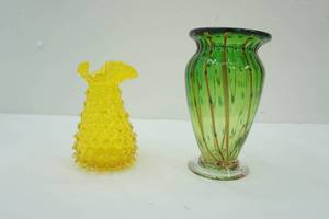 lot 399 image: Vintage Watermelon Art Glass Vase Hobnail Canary Yellow Glass Fluted Ruffled Top Vase
