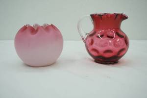 lot 400 image: Vintage Fenton Cranberry Coin Dot Ruffed Top Pitcher