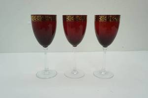 lot 408 image: Set of 3 Vintage Ruby Red Crystal Goblets wGold Trim