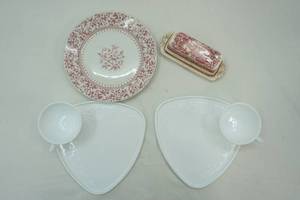 lot 410 image: Vintage Furnival #19 Floral Pottery Plate Milk Glass Luncheon Plates Masons Red Transferware Butter Dish