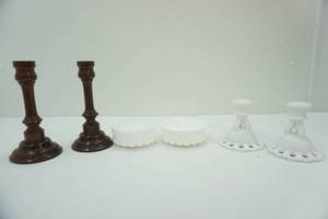 lot 418 image: Vintage Milk Glass Candlestick Holders Vintage Wooden Candle Stick Holders