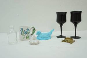 lot 423 image: Vintage Blue Milk Glass Bird Box Lid Black Ceramic Wine Goblets and More