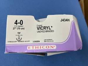 lot 56 image: Ethicon J434H 4-0 (1.5 Metric) 27 TF 13mm 12c Taper Coated Vicryl Undyed Braided - Ethalloy, Needle Alloy - Exp 425 Box Is At Least 75% Full