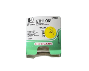 lot 29 image: Ethicon 1716G 8-0 (0.4 Metric) 12 Ethilon Black Monofilament Nylon Suture - Ethalloy Needle Alloy Micro-Point Surgical Needle - Exp 1224 Box Is At Least 75% Full