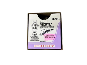 lot 30 image: Ethicon J670G 6-0 (0.7 Metric) 18 S-14 8mm 14c Spatula Coated Vicryl Undyed Braided - Ethalloy Needle Alloy, Sabreloc Spatula Needle - Exp 225 Box Is At Least 75% Full