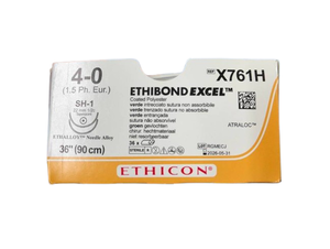 lot 52 image: Ethicon X761H 26-Pack 4-0 SH-1 22mm 12c Taperpoint Ethibond Excel Coated Polyester Green Non-Absorbable Suture - Ethalloy Needle Alloy - Exp 526 Box Is At Least 75% Full