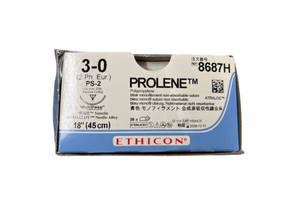 lot 54 image: Ethicon 8687H 3-0 PS-2 18 19mm 38c PROLENE Polypropylene Blue Monofilament Non-Absorbable Suture - MultiPass Needles, Prime Needle, Ethalloy Needle Alloy - Exp 1229 Box Is At Least 75% Full