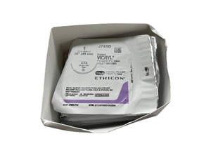 lot 57 image: Ethicon J765D 1 (4 Metric) 18 CTX 48mm 12c Taper Coated Vicryl Polyglactin 910 Violet Braided Suture - Control Release, Single Strand Delivery - Exp 725 Box Is At Least 75% Full