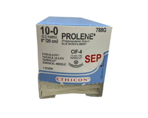 lot 61 image: Ethicon 788G 12-Pack 10-0 (0.2 Metric) 8 CIF-4 13mm 14c PROLENE Polypropylene Blue Monofilament Suture - Ethalloy Needle Alloy, Tapercut Surgical Needle - Exp 925 Box Is At Least 75% Full