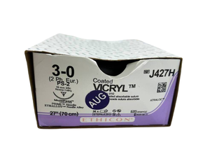 lot 62 image: Ethicon J427H 36-Pack 3-0 27 PS-2 19mm 38c Coated Vicryl Polyglactin 910 - Reverse Cutting, MultiPass Needles, Prime Needle, Ethalloy Needle Alloy - Exp 825  Box Is At Least 75% Full