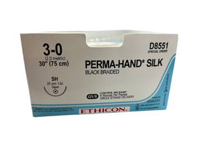 lot 66 image: Ethicon D8551 3-0 (2.0 Metric) 30 SH 26mm 12c Taper Perma-Hand Silk - Black Braided, Control Release, Single Strand Delivery - Exp 925 Box Is At Least 75% Full