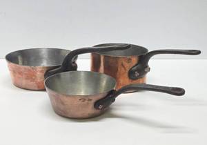 lot 48 image: Wonderful Quality Vintage French etc Heavy Copper & Iron Cooking Pots