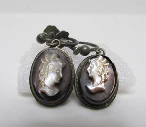 lot 25 image: Vintage Carved ShellAbalone & Sterling Silver Cameo Earrings
