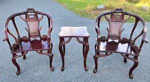 lot 1 image: Exceptional Chinese Carved Burled Wood Set of 2 Antler Armchairs & Matching Table