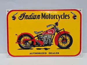 lot 111 image: Very Cool INDIAN MOTORCYCLES Porcelain Enamel Advertising Sign