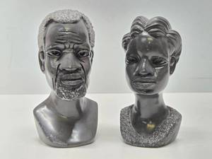 lot 159 image: Impressively Carved Signed African Stone Bust Sculptures by Chatsama