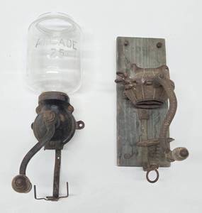 lot 148 image: 2 Antique Cast Iron Hand Crank Coffee Grinders - Atwood & Freidag