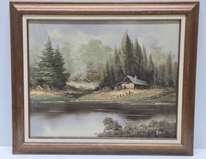 lot 172 image: Vintage Framed Signed Oil on Canvas Landscape Painting wCabin on Lake - Signed J. Mills