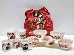 lot 173 image: Great Estate Lot of Vintage 1950s era Western Milk Glass Mugs wDavy Crockett Hopalong Cassidy etc