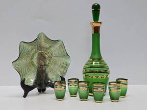 lot 204 image: Excellent Vintage Mid Century Green Bohemian Crystal Decanter Set wGlasses & Carnival Glass Bowl