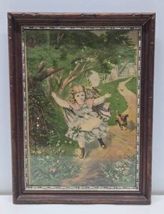 lot 222 image: Nicely Framed Antique Victorian Litho Print wYoung Girl & Dog