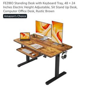 lot 97 image: Brand New in Box FEZIBO SitStandup Desk w Keyboard Tray - Rustic Brown 48x24