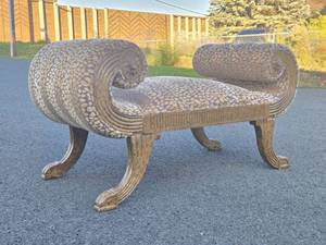 lot 2 image: Excellent Vintage Scrolled Arm Leopard Upholstered Settee  Bench