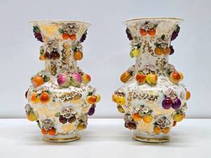 lot 14 image: Lovely Pair of Antique Fruit Encrusted Porcelain Vases