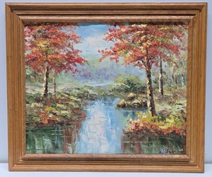 lot 16 image: Framed Signed Vintage Oil on Canvas Landscape Forest Stream Painting 