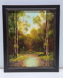 lot 18 image: Impressively Painted Vintage Oil on Canvas Forest Stream Painting wGreat Lighting