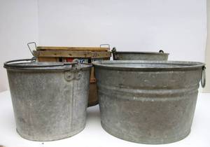 lot 245 image: Primitive Vintage Galvanized Buckets Pails & Bushel Basket