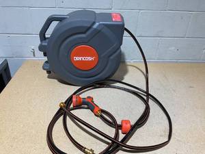 lot 237 image: DRINCOSH 3rd Generation Retractable Garden Hose 100 ft x 12 inch Heavy Duty Wall-Mounted Hose Reel 180° Swivel Automatic Slow Return Any Length Lock 9 Pattern Nozzle UV Resistant (Black)