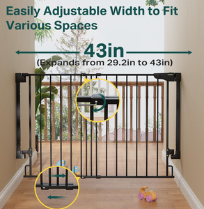 lot 210 image: Cumbor 29.2-43 W, 28 H Baby Gate for Stairs, Wall-Mounted (Drill Required), Expandable No Bottom Bar Dog Gate, Auto Close Extra Wide Walk Thru, Pet & Toddler Proof Gate, Top & Bottom of Stairways(Black)