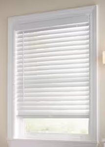 lot 250 image: Home Decorators Collection White Cordless Faux Wood Blinds for Windows with 2 in. Slats - 52.5 in. W x 48 in. L (Actual Size 52 in. W x 48 in. L)