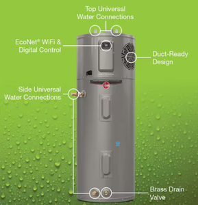 lot 104 image: Rheem Performance Platinum 50 Gal. Smart High Efficiency Hybrid Heat Pump Water Heater XE50T10H45U1 Product Depth (in.) 22.25 in Product Height (in.) 63.66 in Product Width (in.) 22.25 in Water Connection Size (in.) 34 in (Damaged. NO Cable)