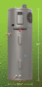 lot 2 image: Rheem ProTerra 65 Gal. Smart High Efficiency Hybrid Heat Pump Water Heater w Leak Detection & Auto Shutoff Model # XE65T10HS45U1 Product Depth (in.) 24.25 in Product Height (in.) 66.125 in Product Width (in.) 24.25 in Water Connection Size (in.) 34 in