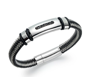 lot 21 image: MCY Mens Black Diamond Bracelet in Nylon and Stainless Steel (110 ct. t.w.)