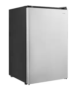 lot 26 image: Vissani 4.3 cu. ft. Mini Refrigerator in Stainless Steel, ENERGY STAR (SLIGHTLY USED, One Leg Is Broken. Minor Transit Damage)