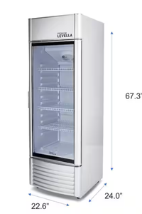 lot 103 image: LEVELLA 12.5 cu. ft. Commercial Upright Display Refrigerator Glass Door Beverage Cooler in Silver (Leg Is Missing, Transit Damage)