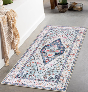 lot 266 image: Lahome Boho Round Rug - 7Ft Washable Area Rug, Non-Slip Small Bathroom Rug, Lightweight Bedroom Throw, Oriental Distressed Print Carpet for Entryway, Sofa, Nursery, Kids Room 2 x 4 (Rectangular)